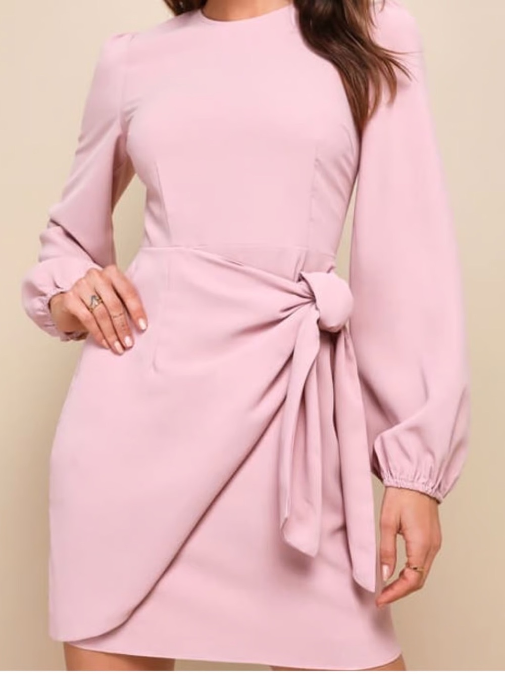 Lulu's Dusty Pink Long-Sleeve Tie-Waist Mini Dress